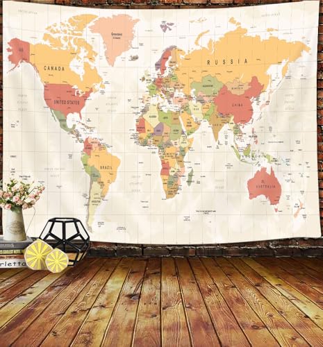 JAWO World Map Tapestry, Map of the World with Countries and Major Cities Wall Tapestries for Kids Student, World Map of the World Tapestry 60X40 Inch(Yellow)