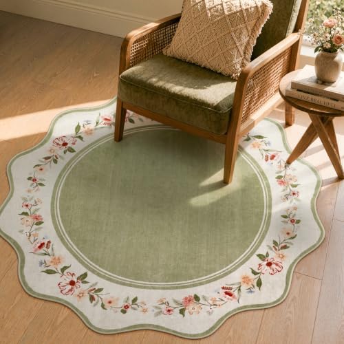 Lahome Round Kitchen Rug 4ft, Green Scalloped Floral Rug