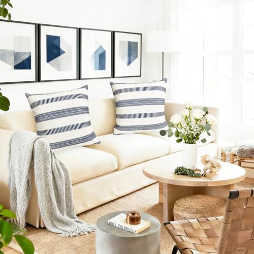 Decorative Throw Pillow Covers Set of 2 Blue Boho Striped Pillow Covers 18x18 Inch Throw Pillow Cover Linen Pillowcase Farmhouse Outdoor Pillow Covers for Couch Sofa Bed Living Room