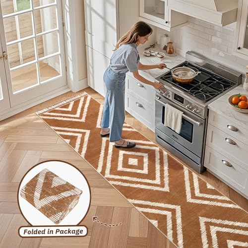 Brown Boho Hallway Runner Rugs 2x10ft Non Slip Washable for Kitchen