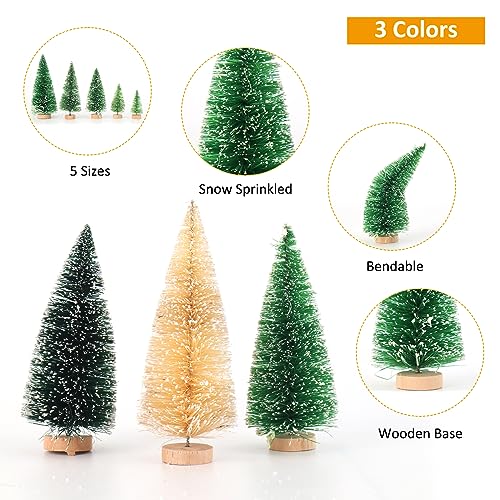 30Pcs Mini Christmas Trees - Artificial Christmas Tree Bottle Brush Trees with 5 Sizes, Snow Trees with Wooden Base for Christmas Party Home Table Craft Decor (GrassGreen+Green+White)