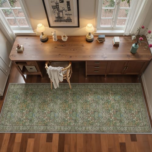 Washable 2'6" x 8' Runner Rug, Floral Green Rug Runner, Dark Green