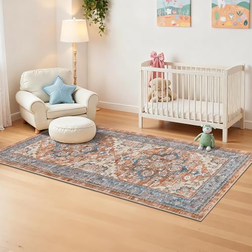 Washable Runner Rug 3x6, Floral Non Slip Boho Hallway Runner Rug with Rubber Backing, Low Pile Faux Wool Distressed Carpet for Kitchen, Laundry, Bedroom, Entrance