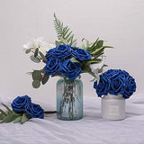 Higfra Artificial Flowers 25pcs Real Looking Royal Blue Foam Fake Roses with Stems for DIY Wedding Bouquets White Bridal Shower Centerpieces Arrangements Mothers Day Party Tables Decorations