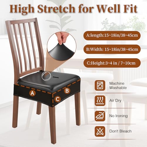Waterproof Dining Chair Seat Covers Leather Kitchen Seat Covers, Stain Resistant Stretch Chair Seat Covers for Dining Room Chairs Set of 4, Rear Covered Washable Dining Chair Covers Black