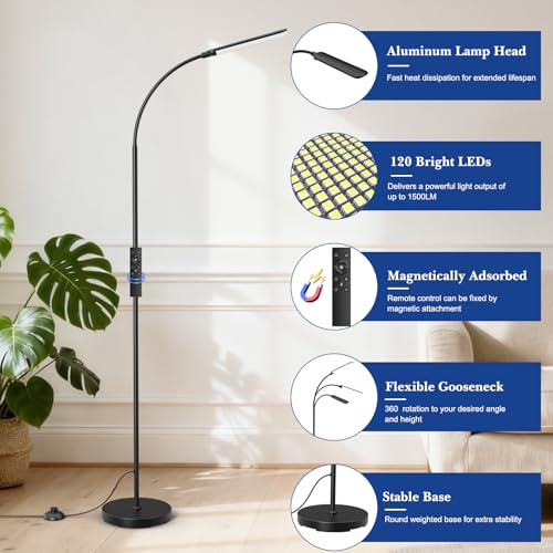 Floor Lamp, LED Floor Lamp with Remote Control Foot Switch for Living Room, Stepless Adjustable Colour Temperature Brightness Standing Lamp with Timer, Eye Caring Tall Lamp Reading for Bedroom,office