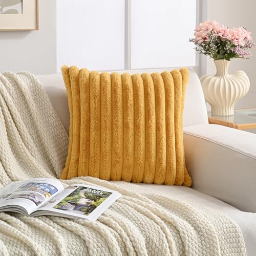 Volcanics Set of 1 Double-Sided Faux Fur Mustard Yellow Pillow Covers 18x18