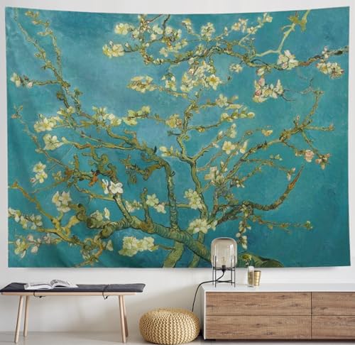 IcosaMro V. Gogh Tapestry Wall Hanging Almond Blossoms Nature Floral Wall Art [Double-Folded Hems] Rustic Wall Home Decor for Bedroom, Dorm, College, Living Room, 60x82.7 Inches, Green