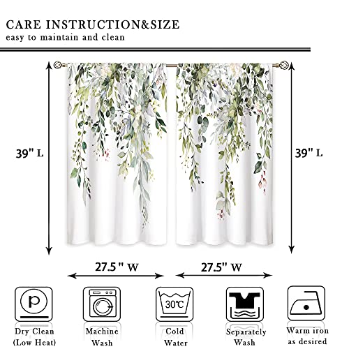 Eucalyptus Botanical Leaves Floral Kitchen Window Curtains Over Sink Boho Farmhouse Flower Leaf Small Window Treatment Sage Green Cafe Short Curtains for Bathroom Tier Drapes 27.5x39 inch