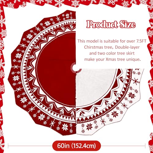 Christmas Tree Skirt 60 Inch, Double-Sided Knit Red Tree Skirt with Snowflakes Patterns Large Knitted Xmas Tree Skirt Rustic for Christmas Trees Party Holiday Christmas Decorations