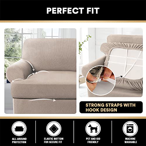 PrinceDeco T Cushion Sofa Slipcover 3 Pieces Sofa Covers for T Cushion Couch Soft Couch Covers Sofa Slip Cover Furniture Covers with 2 Individual T Shape Seat Covers Width Up to 88", Sand