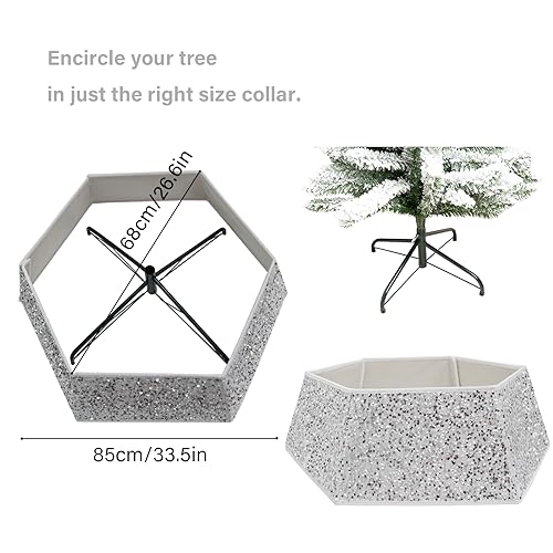 White Christmas Tree Collar with Sparkling Sequins,Christmas Tree Collars for Atificial Trees, 33.5 Inch Christmas Tree Skirt, Xmas Tree Stand Base Cover,Holiday Home Decor Tree Ring(Large)