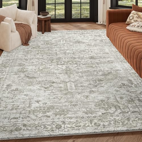 5x7 Beige Brown Washable Area Rug for Living Room, Vintage Print