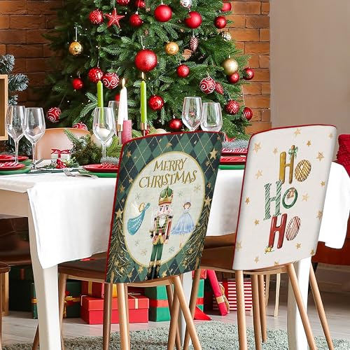 Christmas Chair Covers Set of 6 Green Nutcracker Christmas Tree Chair Back Covers Holiday Dining Chair Slipcovers Protector Kitchen Dining Room Decor Festival Party Decoration