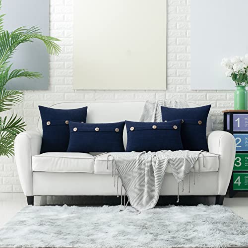 HWY 50 Navy Blue Chenille Throw Pillow Covers 18x18 Inch with Triple Buttons, Soft Farmhouse Accent Decorative Cushion Cases for Couch Sofa Bed Living Room Pack of 2