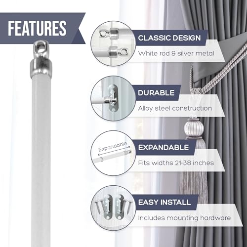 Amazing Drapery Hardware White Swivel Sash Curtain Rods with Nickel Ends, Set of 2 (Hardware Included) - Adjustable Length 21-38 Inches, Easy to Install Metal Rods for Doors, Windows,and Sidelights