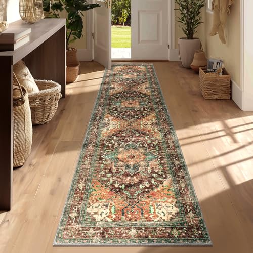 Yamaziot Washable Runner Rug, 2x8 Non-Slip Boho Vintage Hallway Rug Runner with Rubber Backing, Stain Resistant & Low Pile Faux Wool Distressed Carpet Runner for Bedroom, Kitchen, Laundry, Entrance