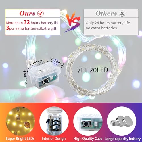 8 Pack Fairy Lights 7Ft 20 LED Twinkle String Lights 3 Modes Battery Operated Waterproof Firefly Starry for Mason Jar Party Wedding Easter Valentines Day Table Centerpieces,Rainbow-Pastel