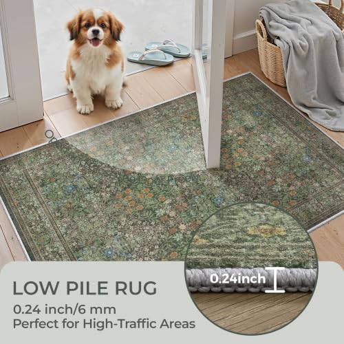 2x5 Runner Rug, Floral Kitchen Rugs Washable Green Rug, Dark Green