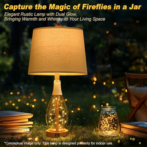 Bedside Table Lamps Set of 2 with USB, Modern Bedside Lamps Retro Farmhouse Rattan Glass Nightstand Nightlight Lamps for Bedroom Living Room Dorm,Two Light Points