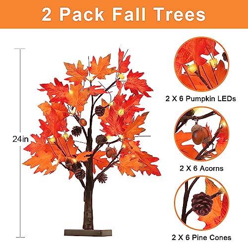 YEAHOME Fall Decorations for Home, 2 Pack 24”/2FT Lighted Fall Maple Leaves Tree with Warm White LEDs Autumn Decor, Pumpkin Lampshade, Pine Cone, Acorn Ornaments Battery Powered Timer for Thanksgiving