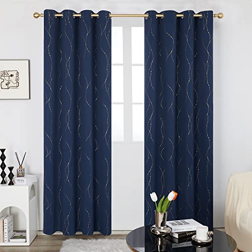 Deconovo Blackout Curtains 2 Panels for Bedroom and Living Room, Gold Foil Wave Lines and Dots, Thermal Insulated Room Darkening Grommet Window Drapes for Nursery, Navy Blue, 52W x 84L Inch