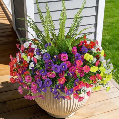 Hrobek Artificial Flowers for Outdoors Faux Plants Outside Indoor,UV Resistant Silk Fake Morning Glory Tall Ferns for Home Patio Garden Yard Front Porch Decor (13 Bunches,7 Multi Colors)