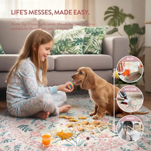 Lahome Sylvie Pink Bedroom Rug for Girls Room Decor, 5x7 Washable Cute Playroom Nursery Rug, Soft Floral Low Pile Carpet for Kids Living Dining Room Indoor, Pink/Multi