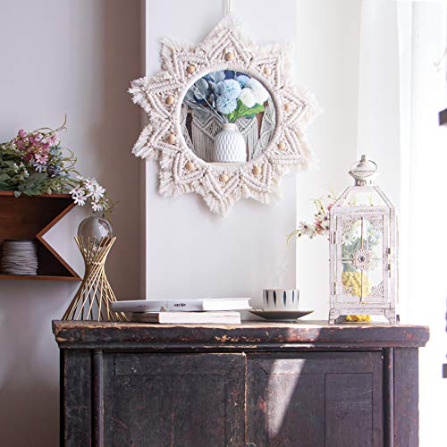 TENEWEE Boho Wall Decor Mirror Macrame Circle Hanging Mirror for Bedroom Living Room Apartment Entryway Home Decor