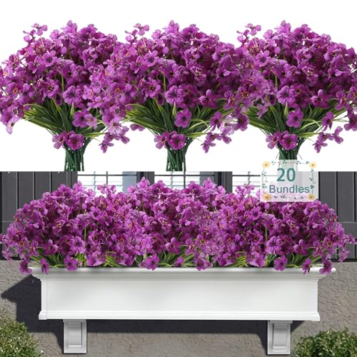 20 Bundles Artificial Flowers for Outdoors, UV Resistant Fake Realistic Flowers with Plastic Plants Spring Decor, Faux Silk Flowers for Outside Window Box Front Porch Planter Decor-Purple