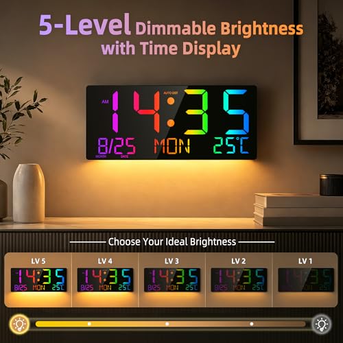 16" Large Digital Wall Clock with RGB LED Jumbo Number, Remote Control, Auto DST, Temperature,Calendar, Modern Wall Mount Digital Clock for Living Room, Classroom, Office Wall, Senior Bedroom