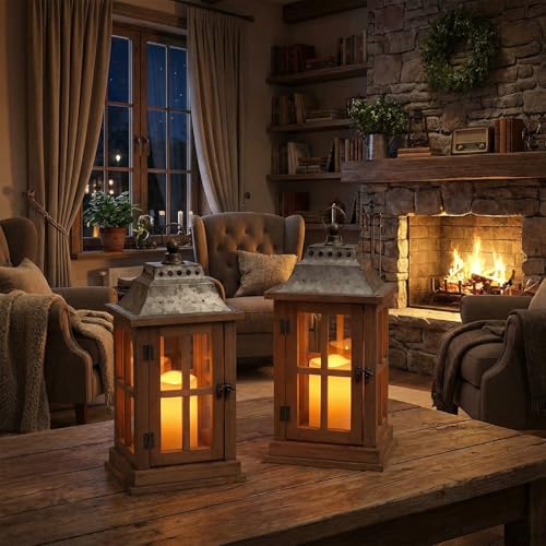 Bdor 15 Inch Outdoor Decorative Lanterns, Set of 2 Wooden Candle Lanterns