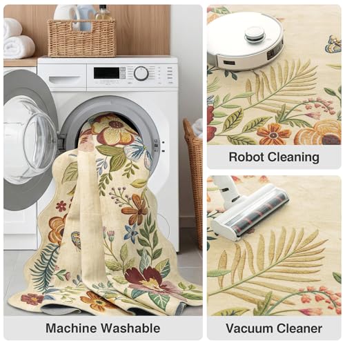 Fmfunctex 3x12 Hallway Runner Rug Washable Beige Floral Vintage Scalloped