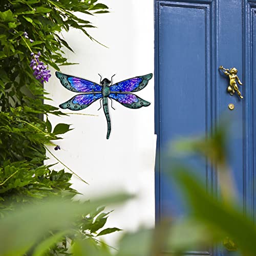HONGLAND Metal Dragonfly Decor, Dragonfly Outdoor Wall Decor, Metal Wall Art, Wall Sculptures Gifts Hanging Decorations for Garden Yard Home-Blue 14 Inch