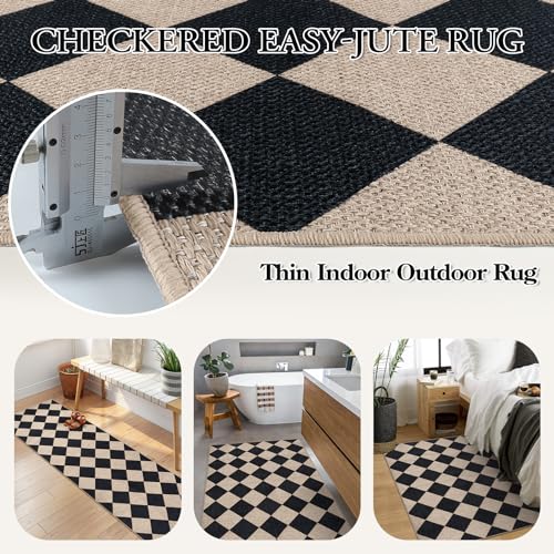 Lahome Checkered Easy Jute 3x5 Entryway Front Porch Rug, Black Diamond Indoor Outdoor Patio Layering Rug, Washable Farmhouse Neutral Non Slip Non Shedding Door Carpet for Backyard Blacony