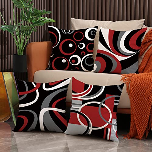 Red and Black Throw Pillow Covers 18x18 Set of 4,Grey Modern Abstract Pillowcases,Gray Geometric Circle Pattern Decor for Sofa Couch Living Room Bedroom Home Outdoor