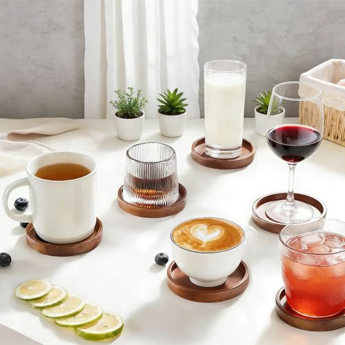 Wood Drink Coasters with Holder, Set of 4, Natural Absorbent Wooden Coasters for Drinks, Mode – lifestyle view