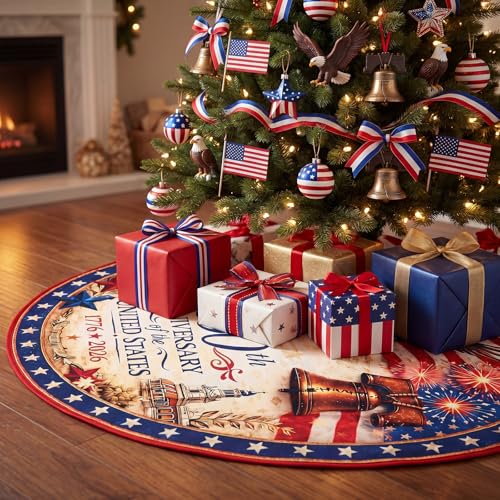 250th Anniversary Tree Skirt, 47'' 4th of July Tree Mat Patriotic Decorations American Flag Eagle Independence Day Christmas Holiday Party Decor Supplies