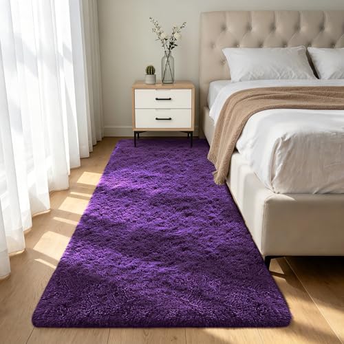 Shag Runner Rug for Bedroom Living Room 3x7 Upgrade Non-Slip Fluffy Soft Bedside Rugs,Purple Shaggy Purple Carpet for Livingroom Dorm Home Decor Aesthetic