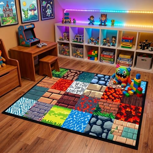 Game Room Rug - Video Game Decor for Boys Bedroom 2'5''x4' Block Theme Carpet Gaming Floor Mat Rugs for Boys Room Decor for Bedroom Living Playroom