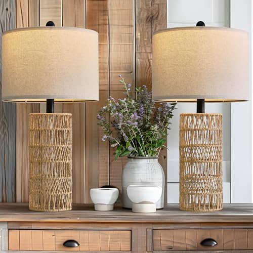 22.5" Boho Table Lamps Set of 2 for Living Room, Bedside Lamp for Nightstands, Rattan Lamp for Bedroom, Farmhouse Table Lamp for Room Decor, End Table, Retro, Brown（Not Include Bulbs）