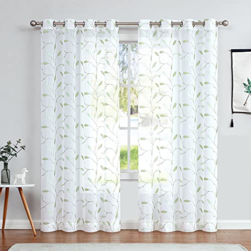 Lazzzy Embroidered Sheer Curtains Floral Leaf White Sheer Curtain for Bedroom Living Room Kitchen Rustic Voile Drapes Privacy Window Treatment Set of 2 Panels 96 Inches Long Grommet Top Green on White