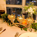 Crystal Candle Holder, 5.6" Tall Gold Centerpieces for Tables, 3-Arm Lotus Candelabra, Home Decor for Wedding, Dining Room, Coffee Table and Living Room (10.5" L, Fits Tealight Candles)