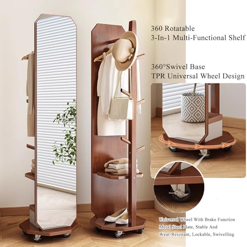 Floor-Standing Solid Wood Rotating Coat Rack，Full Length White Coat Rack Mirror on Wheels Solid Wood Frame for Bedroom and Living Room Large 2 in 1 Body Dressing Mirror