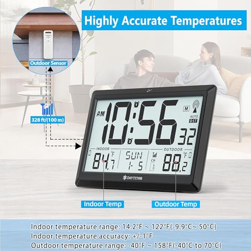 Atomic Clock Wall with Indoor/Outdoor Temp, Battery Operated Digital Wall Clock with 10.5" Large LCD Display, 330ft Range Desk Table Clock with Alarm, DST, Calendar for Living Room Bedrooms, Black