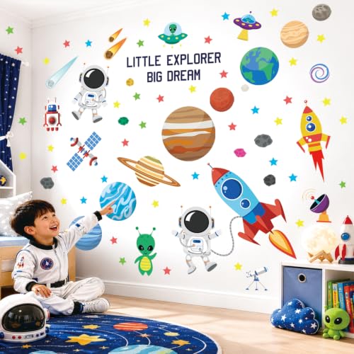 DECOWALL DS9-8058 Outer Space wall Decals Stickers Kids Bedroom Room décor Nursery Boys Galaxy Stars Astronaut Planets Solar System Dark Removable Decoration Living Spaceship Window Art Mural Peel