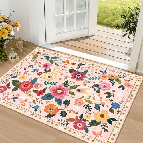 RELEANY Floral Washable 2x3 Area Rugs Doormat Pink