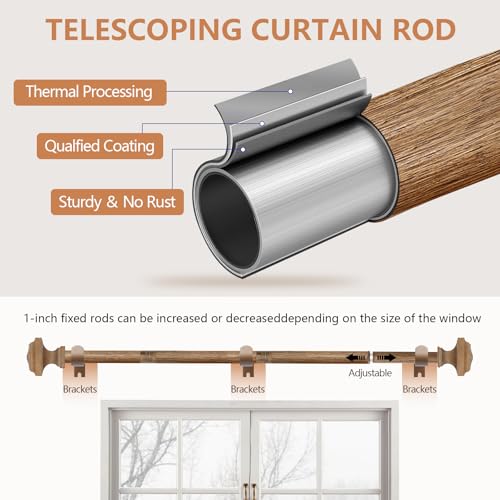Wood Curtain Rods for Windows 32 to 88 Inch, 1 Inch Diameter Wood Decorative Treatment Single Window Curtain Rods - Square Imitation Wood Grain Finial 1 Pack