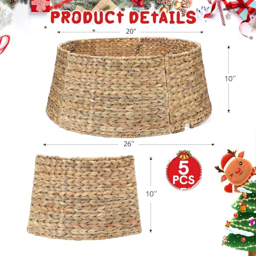 5-Piece Rattan Christmas Tree Collar - 26" Rustic Farmhouse Tree Skirt- Xmas Tree Base Cover for Christmas Decoration- Woven Holiday Tree Ring Accessory for Home, Living Room (Natural, 26 in)