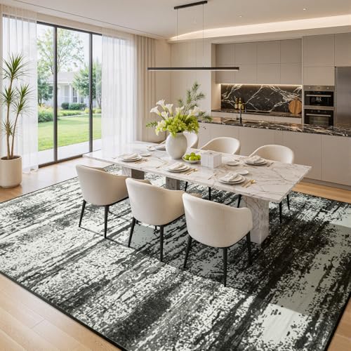 6x9 Black White Washable Area Rug Non-Slip Faux Wool Abstract Rug